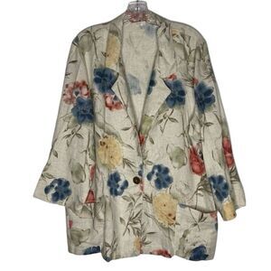 Vintage Haband Blazer Women’s L Beige Floral Flax Blend Made in USA One Button‎